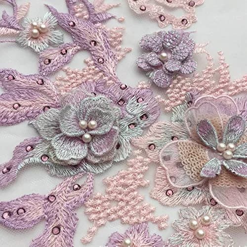 FEEPOP Lilac 3D Embroidered Flower Patch with Nail Beads & Tulle Lace Applique for Wedding Dresses - view 3