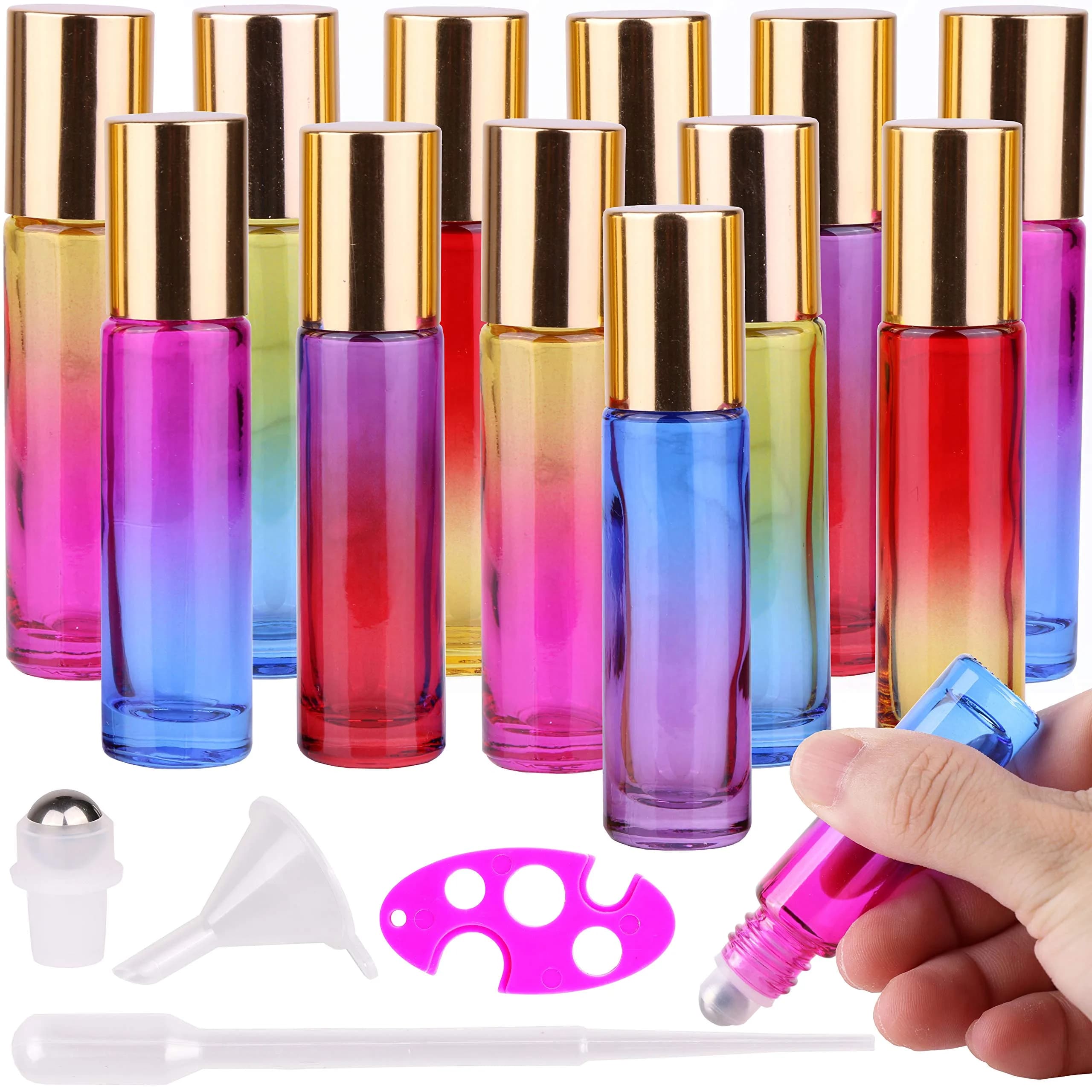 inice 12 Pack,Gradient Color Glass Roller Bottles 10ml | Essential Oil & Perfume Applicator - main product image