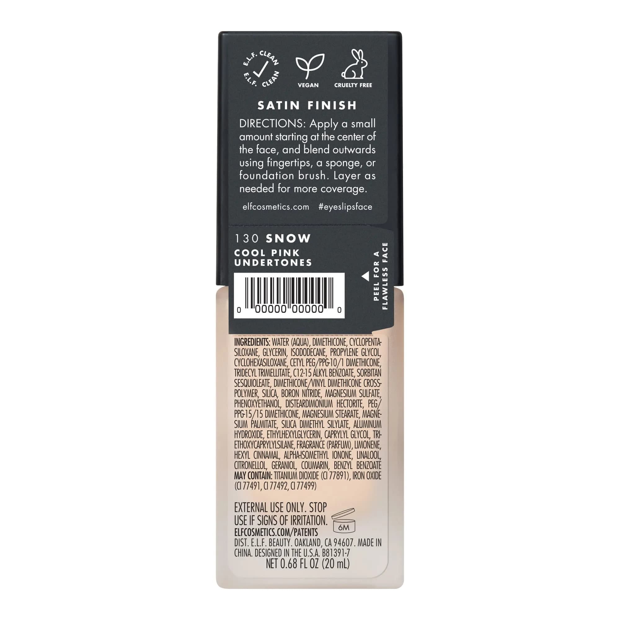 e.l.f. Flawless Satin Foundation Lightweight Medium Coverage Snow 20mL (0.68 Fl Oz) | Vegan Cruelty-Free Semi-Matte Finish - view 5