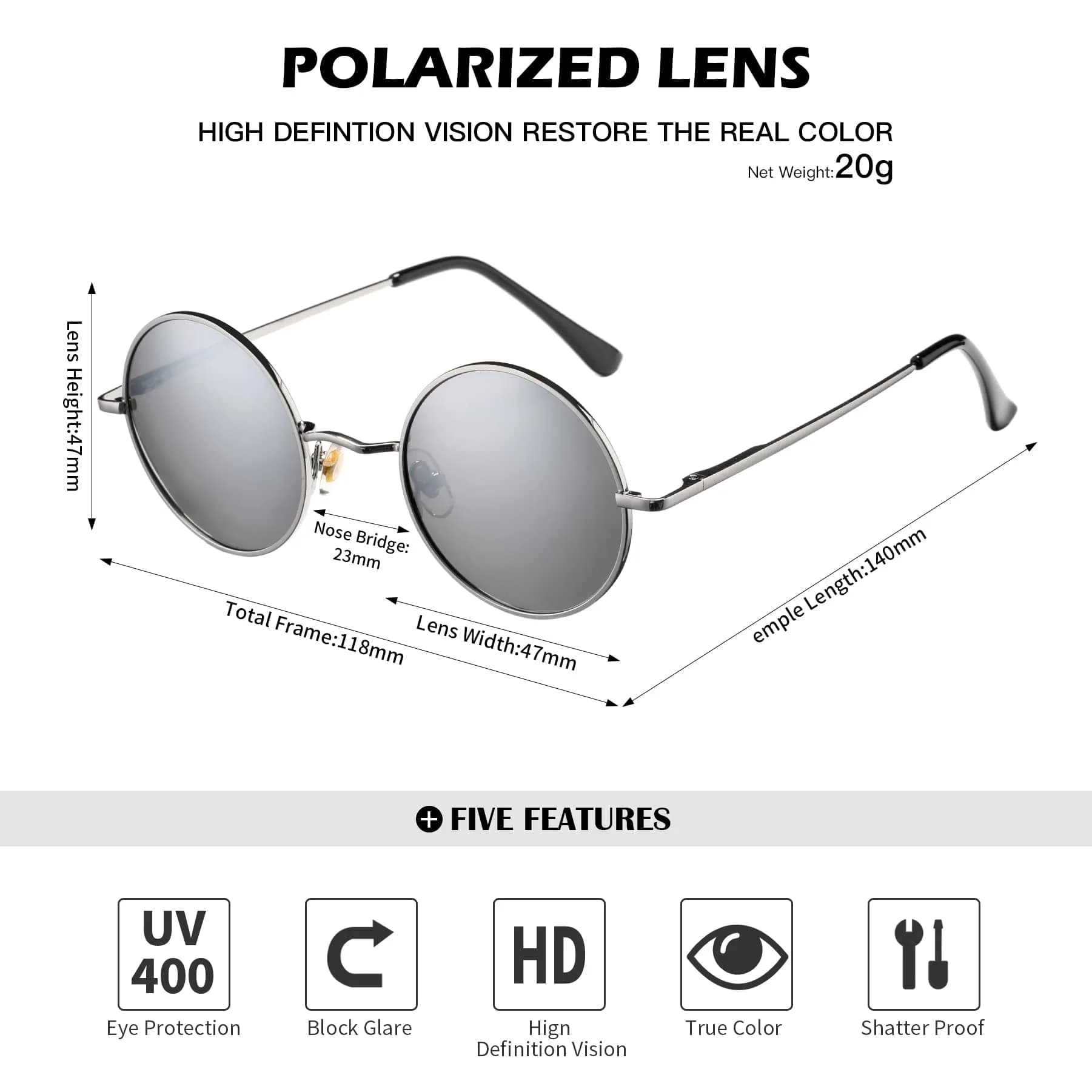 Pro Acme Small Round Polarized Sunglasses with UV400 Protection | Silver Frame, Black Lens - view 4