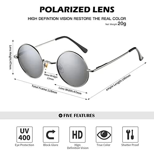 Pro Acme Small Round Polarized Sunglasses with UV400 Protection | Silver Frame, Black Lens thumbnail 4