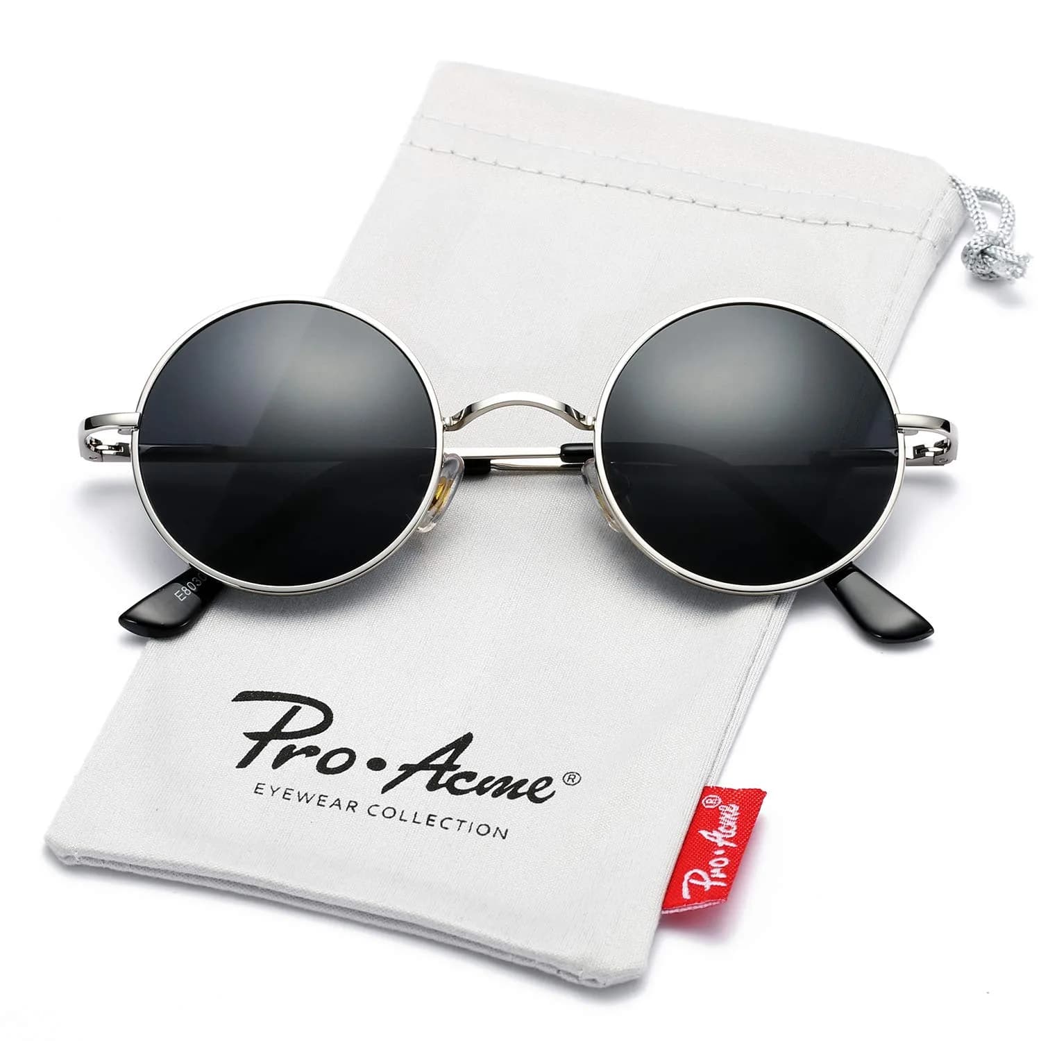 Pro Acme Small Round Polarized Sunglasses with UV400 Protection | Silver Frame, Black Lens - view 6