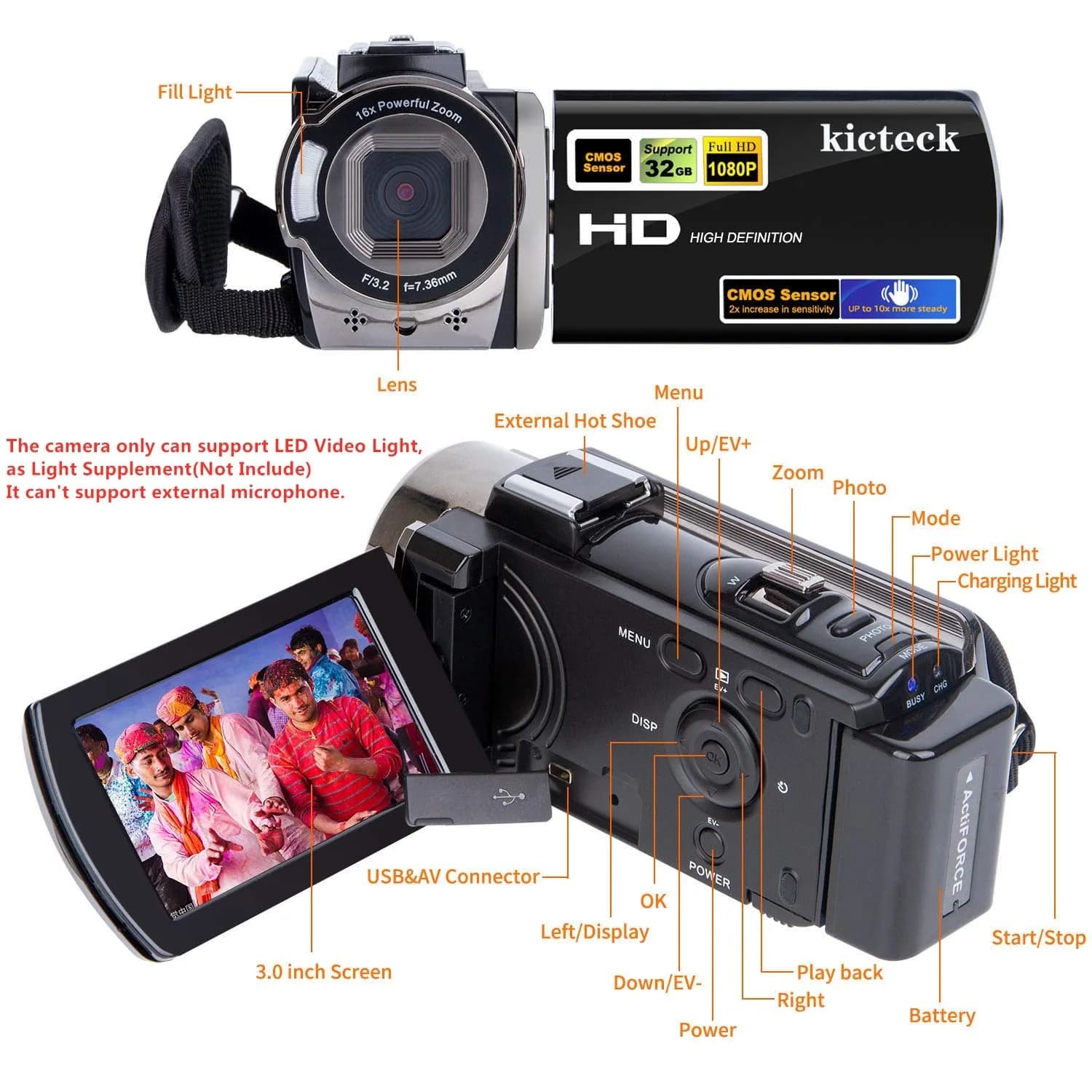 kicteck Full HD 1080P 15FPS Camcorder with 3.0" LCD, 16X Digital Zoom & Webcam Function (Black, 24MP) - view 2