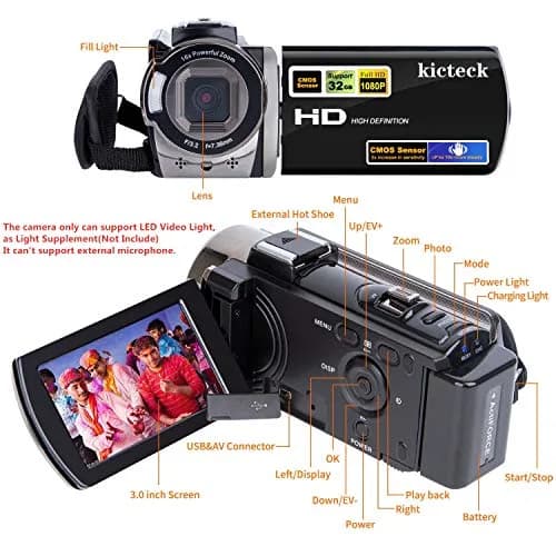 kicteck Full HD 1080P 15FPS Camcorder with 3.0" LCD, 16X Digital Zoom & Webcam Function (Black, 24MP) thumbnail 2