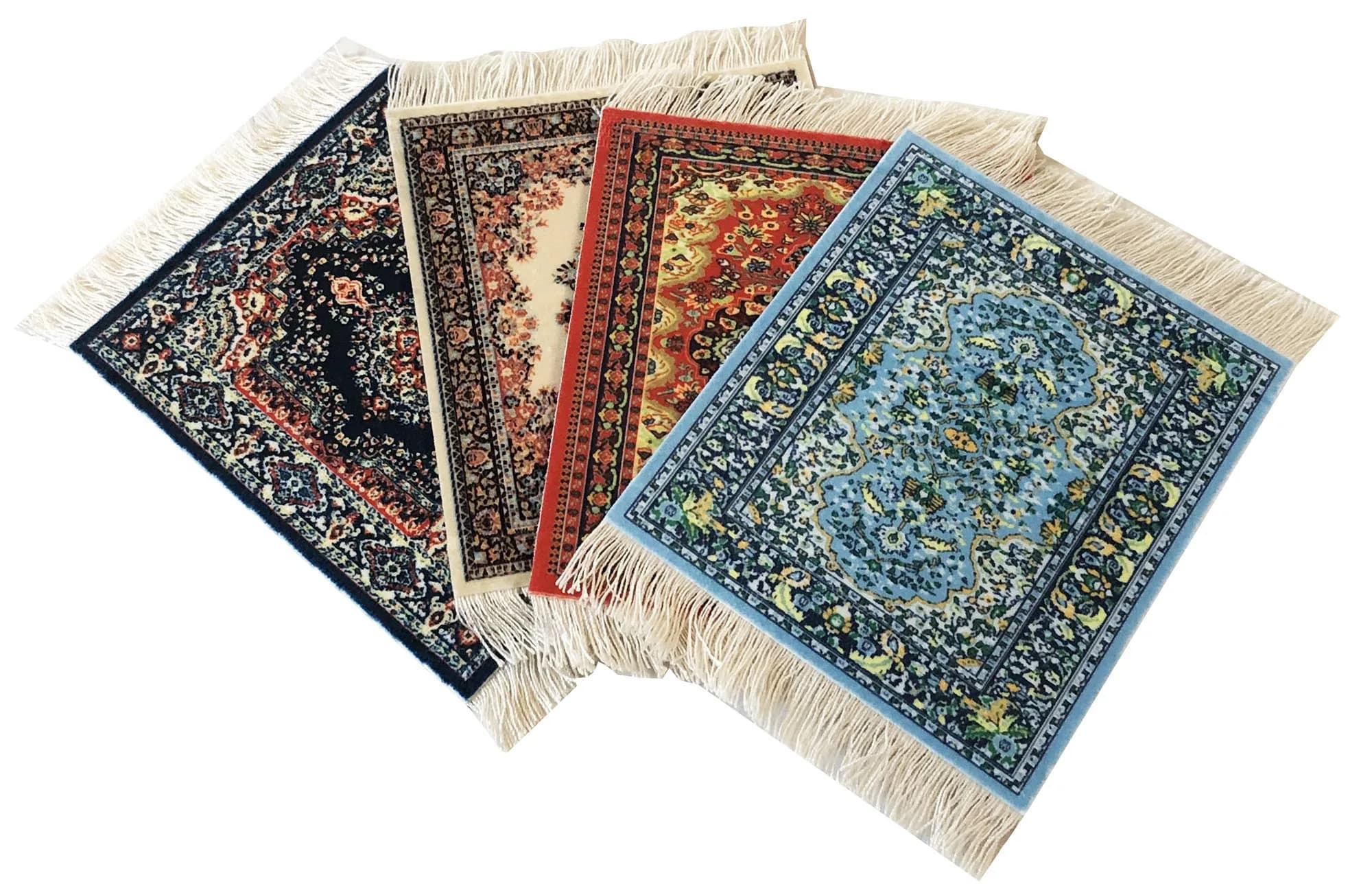 Inusitus Turkish Carpet Coasters Set of 4 | 15.2cm x 10.2cm (6"x4") Mini Drink Mats with Fringe — Mix-1