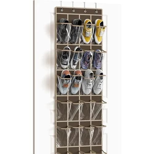 Simple Houseware 24 Pockets Clear Over the Door Shoe Organizer, Brown | 24 Large Clear Pockets for Shoes & Storage thumbnail 1