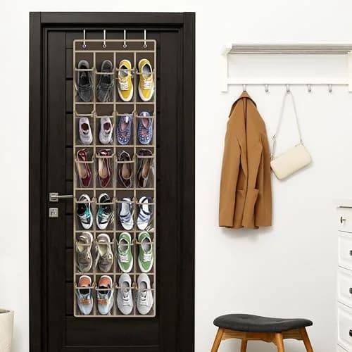 Simple Houseware 24 Pockets Clear Over the Door Shoe Organizer, Brown | 24 Large Clear Pockets for Shoes & Storage thumbnail 6
