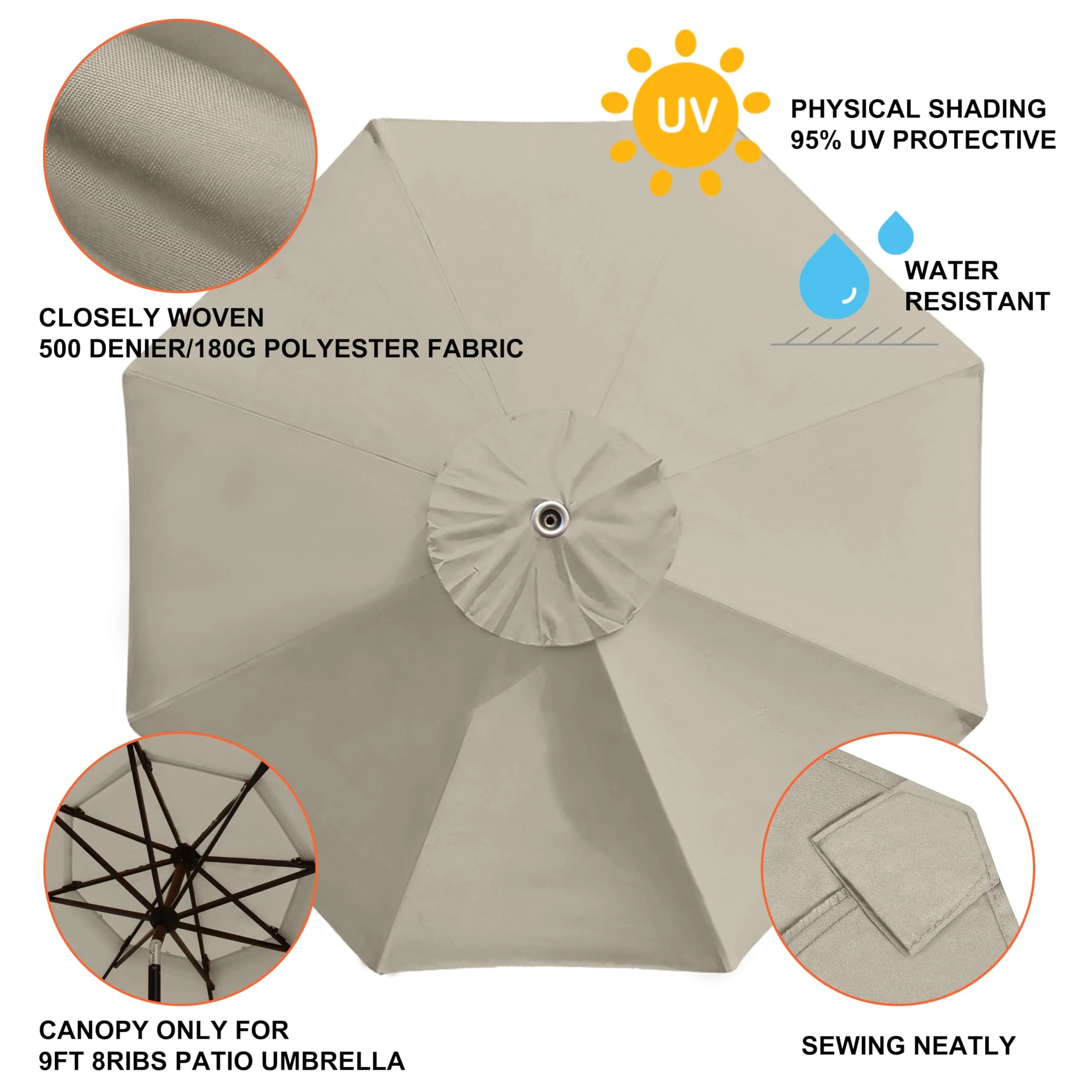 EliteShade 9ft Patio Umbrella Replacement Canopy Cover Beige | 2.74m (9ft) UV Protective Polyester for 8 Rib Frames - view 4