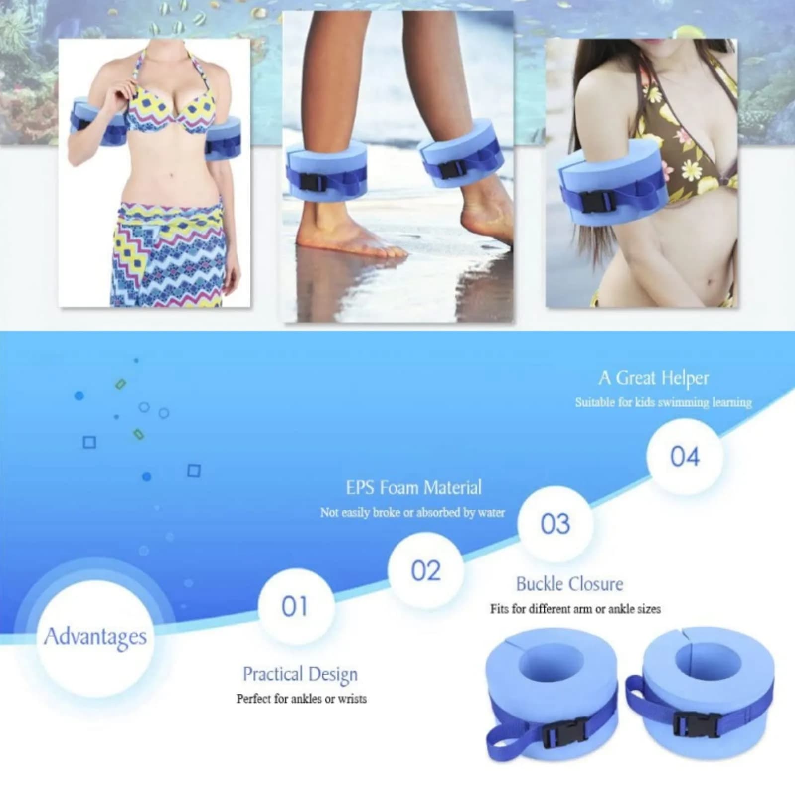 Asdomo Foam Swim Aquatic Cuffs, Water Aerobics Float Ring Fitness Exercise Set, Ankles Arms Belts with Quick Release Buckle (Set of 2, Blue) - view 8