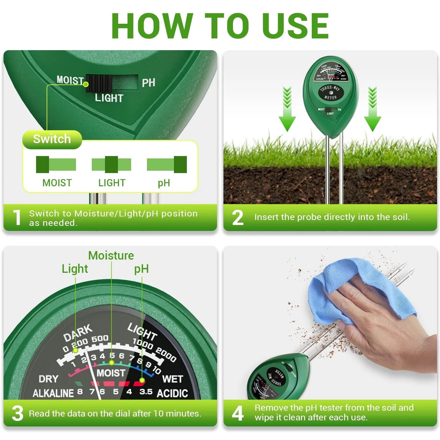 Dr.meter 3-in-1 Soil Moisture Meter, Light & pH Tester | 20cm Probe, No Battery Needed - view 5