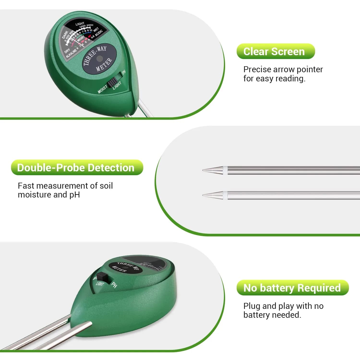 Dr.meter 3-in-1 Soil Moisture Meter, Light & pH Tester | 20cm Probe, No Battery Needed - view 4