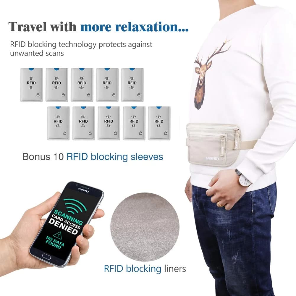 LANNEY RFID Blocking Money Belt for Travel, Cream | Hidden Waist Wallet Pouch with 10 Bonus Card Sleeves - view 5