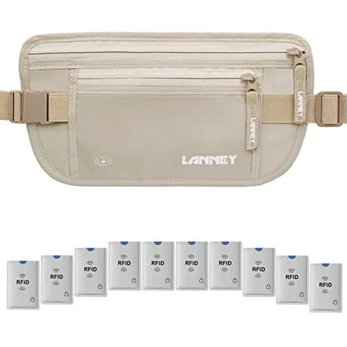 LANNEY RFID Blocking Money Belt for Travel, Cream | Hidden Waist Wallet Pouch with 10 Bonus Card Sleeves thumbnail 1
