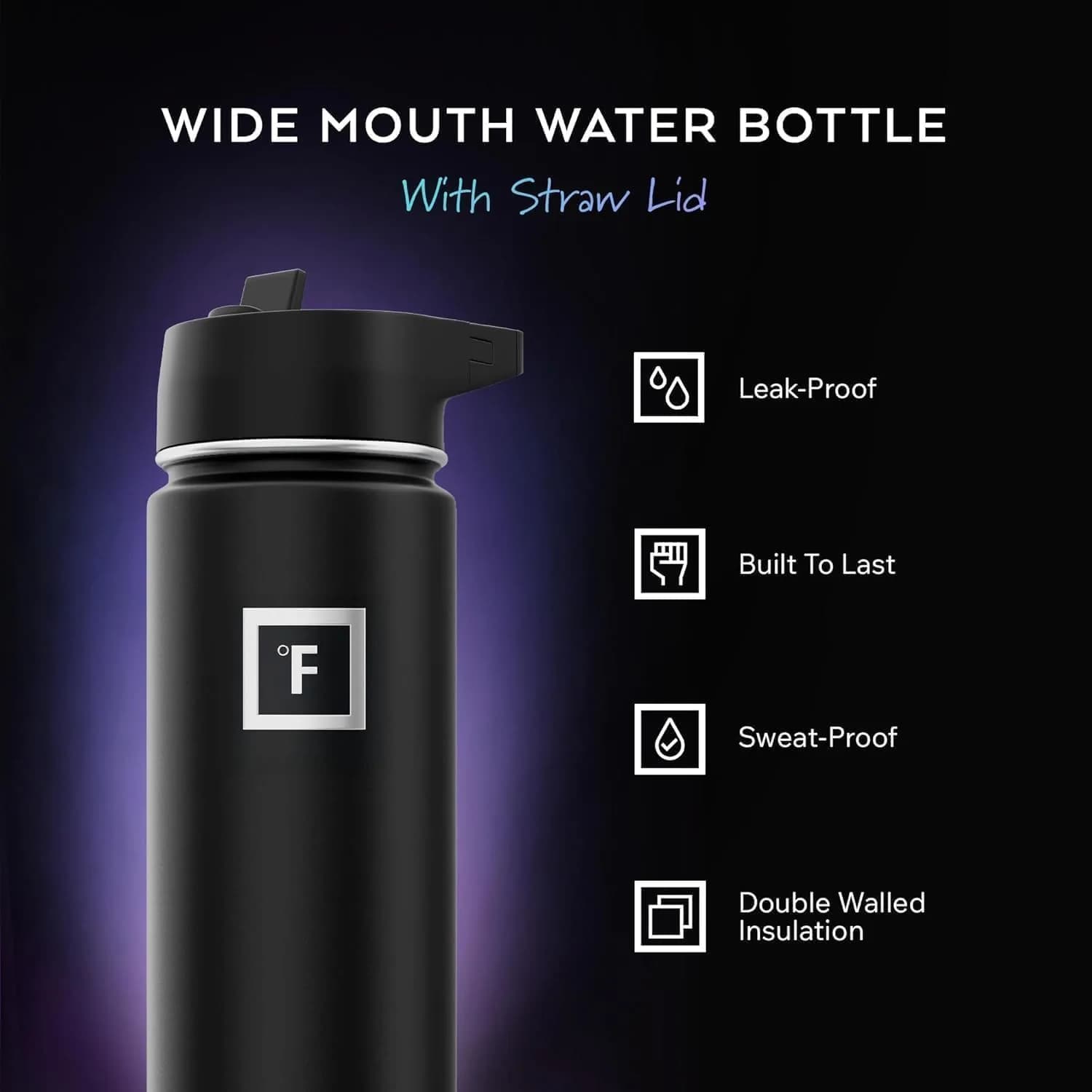 IRON °FLASK 40 oz (1200 ml) Wide Mouth Water Bottle with Carabiner Straw Lid | Insulated Stainless Steel for Cold 24 Hrs - view 2