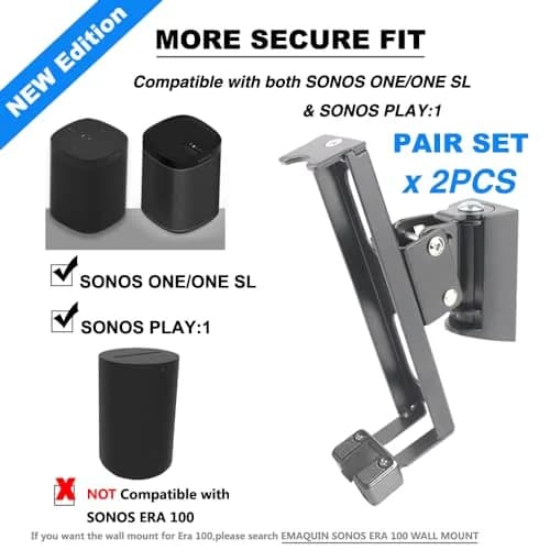 EMAQUIN Wall Mounts Brackets Pair Set for SONOS ONE/PLAY 1 | Swivel & Tilt, Black thumbnail 3