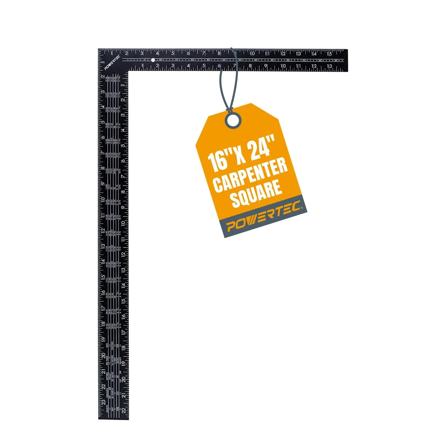 POWERTEC Framing Square, 16 in x 24 in Steel Carpenter Square with Rafter Tables for Woodworking & Construction