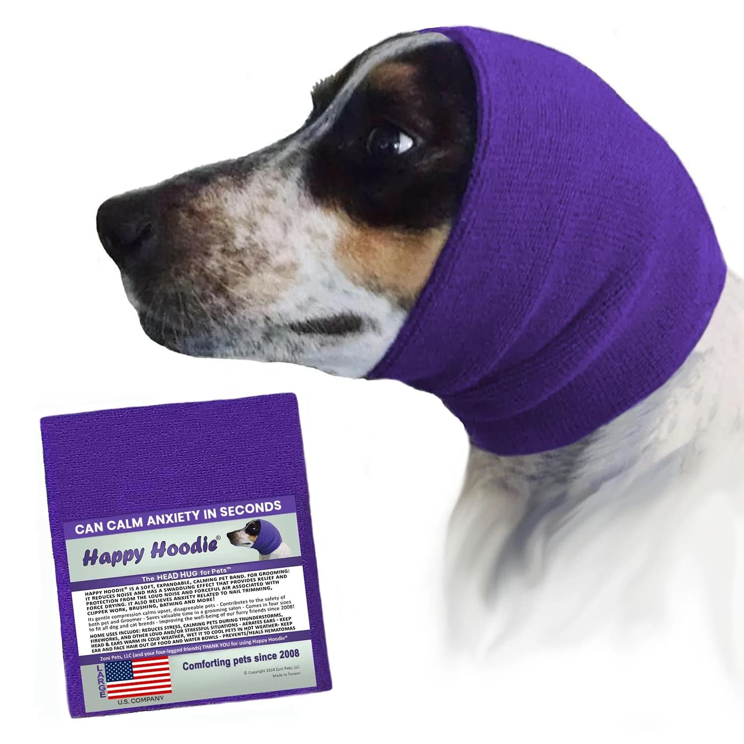Zoni Pets Happy Hoodie Original Dog & Cat Calming Band, Purple, 13-18” Head Girth | Noise & Anxiety Relief for Grooming, Thunder, Fireworks — Purple