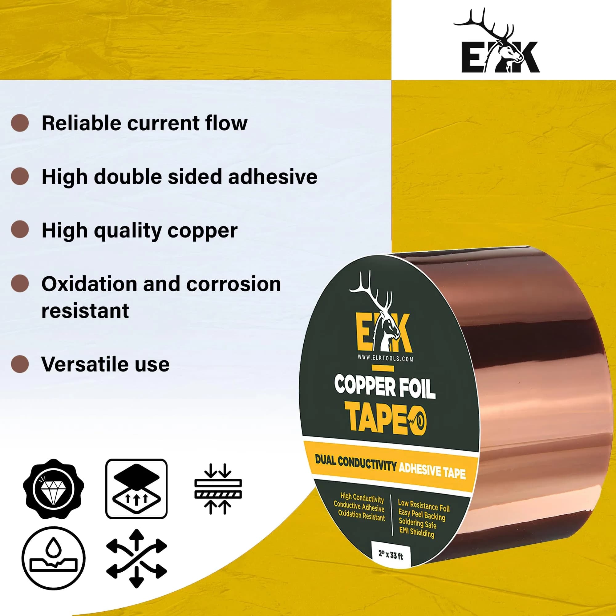 ELK Copper Foil Tape 2 Inches x 33 Feet (60.96 cm x 10.06 m) | Conductive Adhesive for Electronics and Crafts - view 2