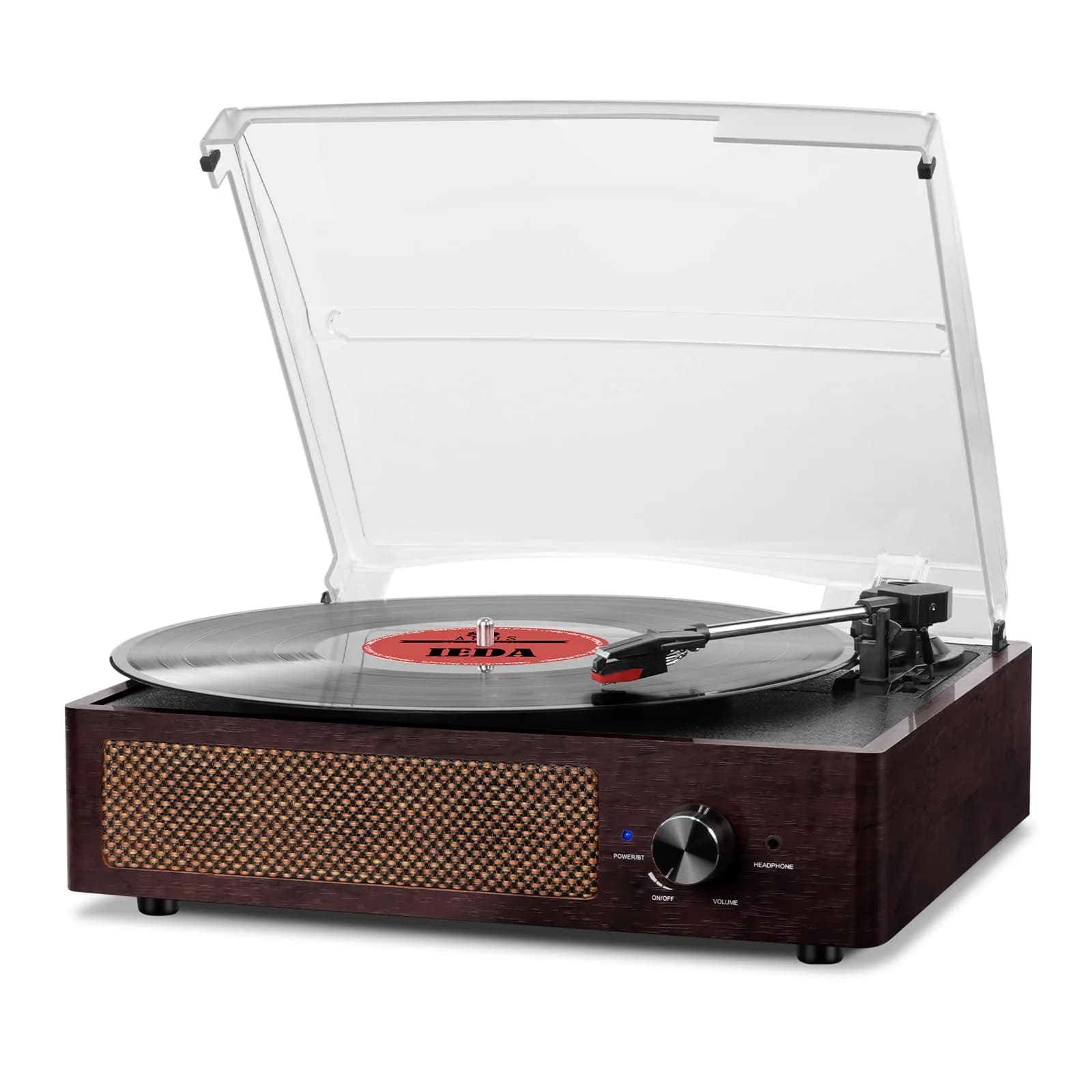 cotsoco Vinyl Record Player Turntable with Bluetooth & 2 Speakers | Retro 3-Speed Portable in Brown