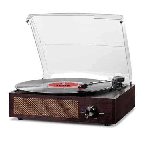 cotsoco Vinyl Record Player Turntable with Bluetooth & 2 Speakers | Retro 3-Speed Portable in Brown thumbnail 1