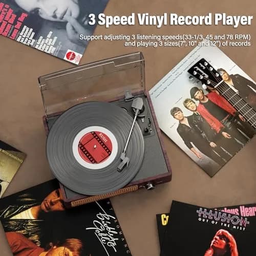 cotsoco Vinyl Record Player Turntable with Bluetooth & 2 Speakers | Retro 3-Speed Portable in Brown thumbnail 7
