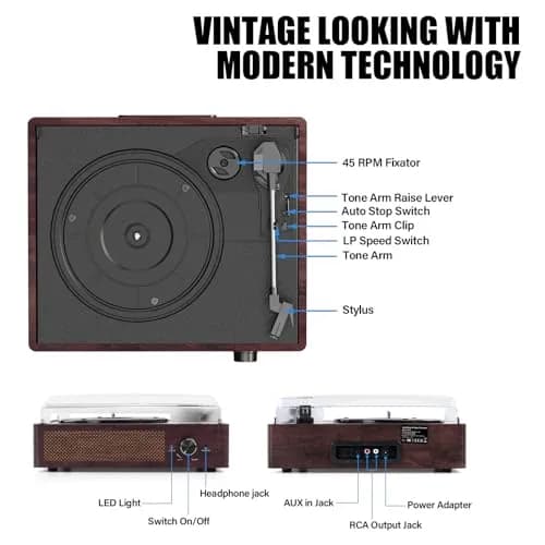 cotsoco Vinyl Record Player Turntable with Bluetooth & 2 Speakers | Retro 3-Speed Portable in Brown thumbnail 2