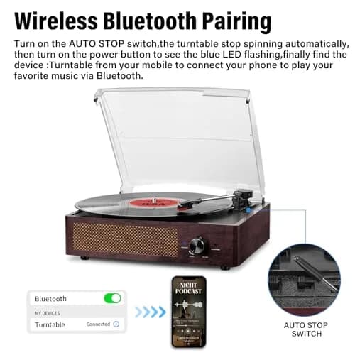 cotsoco Vinyl Record Player Turntable with Bluetooth & 2 Speakers | Retro 3-Speed Portable in Brown thumbnail 3