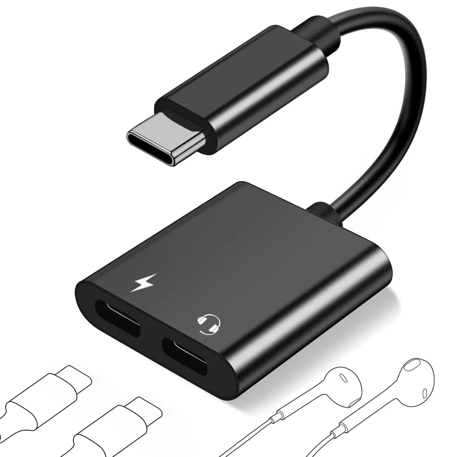 LecLooc USB C Splitter for iPhone 15 | Dual Audio & Fast Charge 60W | Compatible with iPad Pro, Galaxy S22 Ultra, Pixel 7 | 24-bit/96kHz — Black
