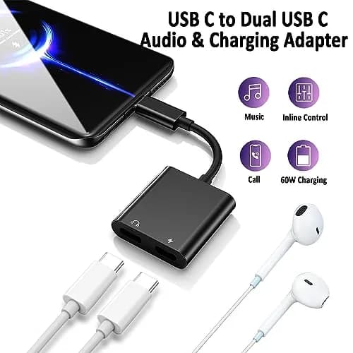 LecLooc USB C Splitter for iPhone 15 | Dual Audio & Fast Charge 60W | Compatible with iPad Pro, Galaxy S22 Ultra, Pixel 7 | 24-bit/96kHz thumbnail 2