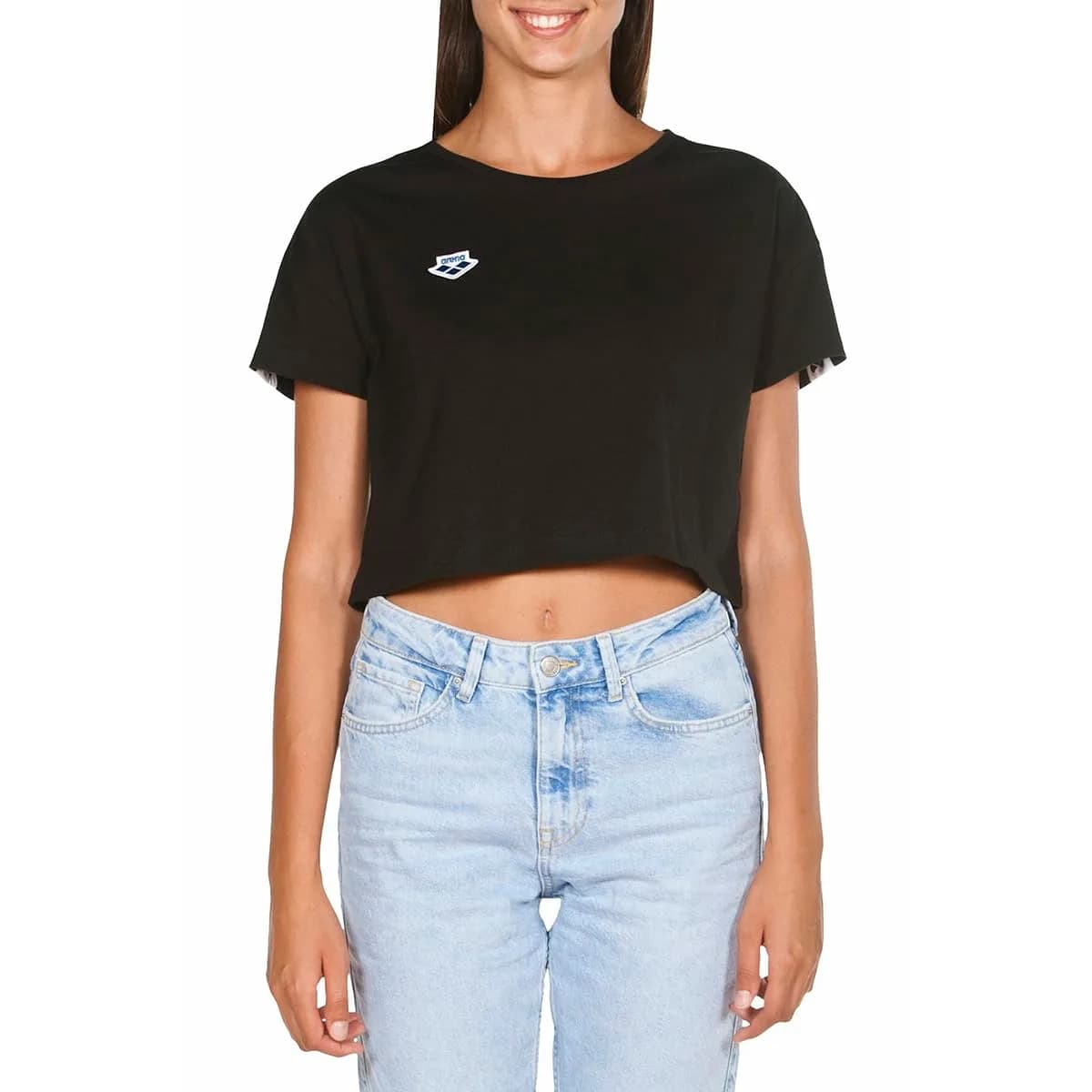 ARENA Women’s Icons Corinne Team Crop T-Shirt Short Sleeve Loose Fit Cotton Active Top Cozy Crew Neck Workout Tee, Black/White Logo, Large
