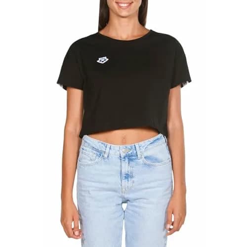 ARENA Women’s Icons Corinne Team Crop T-Shirt Short Sleeve Loose Fit Cotton Active Top Cozy Crew Neck Workout Tee, Black/White Logo, Large thumbnail 1