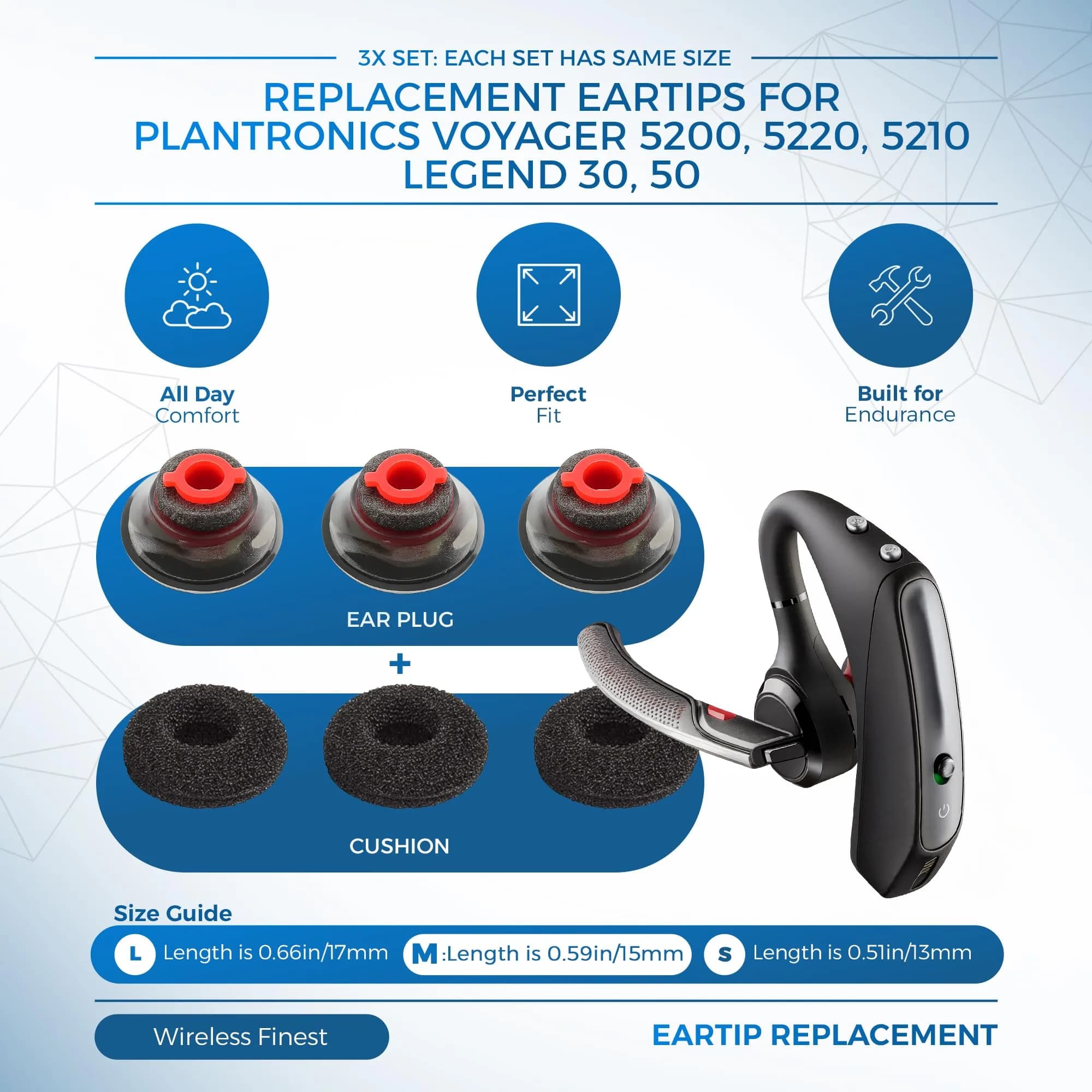 WirelessFinest 3X Comfort Eartips for Plantronics Voyager 5200 5220 5210 Medium (1 Pair) | All-Day Comfort Replacement Earbuds - view 2