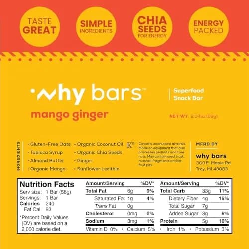 WHY BARS Mango Ginger Protein Snack Bars, 2.04 oz (12 Pack) | Organic, Vegan, Gluten-Free, Non-GMO thumbnail 3