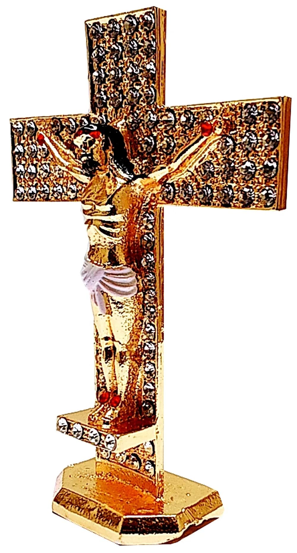 Purpledip Metal Crucifix with Gemstones & Jesus Christ on Cross | 7.6cm (3 inch) L x 2.5cm (1 inch) W x 10.2cm (4 inch) H - view 2