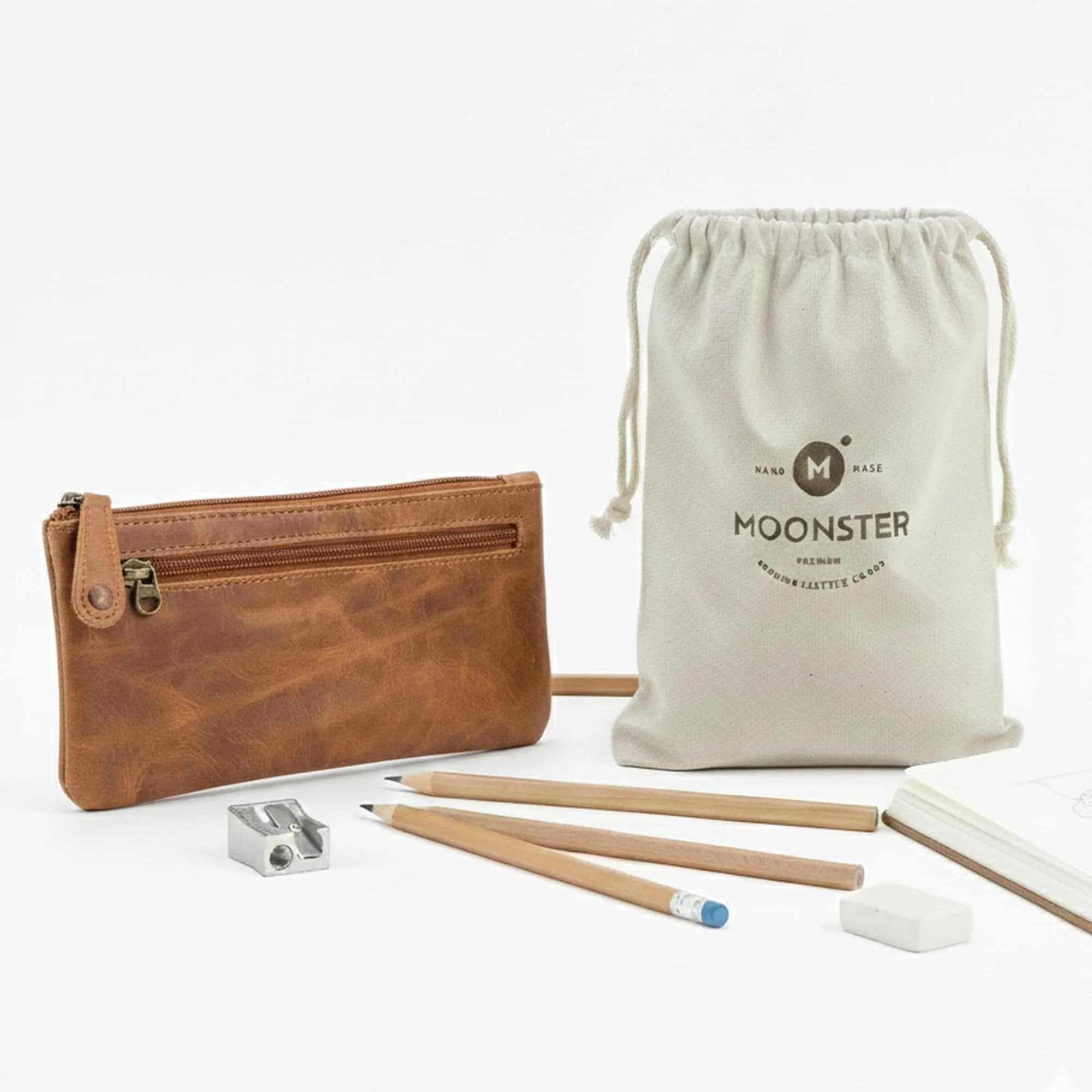 moonster Full-Grain Buffalo Leather Pen Case, 8x4 Inch | Handmade Small Leather Pouch for Pens & Stationery — Light Brown - Flat