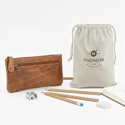 moonster Leather Pencil Case Pouch, Handcrafted 8" x 4" Light Brown | Elegant Leather Pen Organizer for Adults thumbnail 1