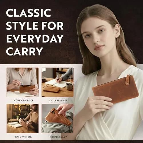 moonster Leather Pencil Case Pouch, Handcrafted 8" x 4" Light Brown | Elegant Leather Pen Organizer for Adults thumbnail 5