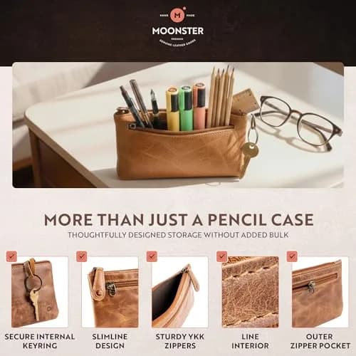 moonster Leather Pencil Case Pouch, Handcrafted 8" x 4" Light Brown | Elegant Leather Pen Organizer for Adults thumbnail 6