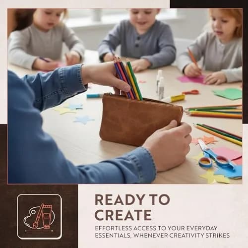 moonster Leather Pencil Case Pouch, Handcrafted 8" x 4" Light Brown | Elegant Leather Pen Organizer for Adults thumbnail 8