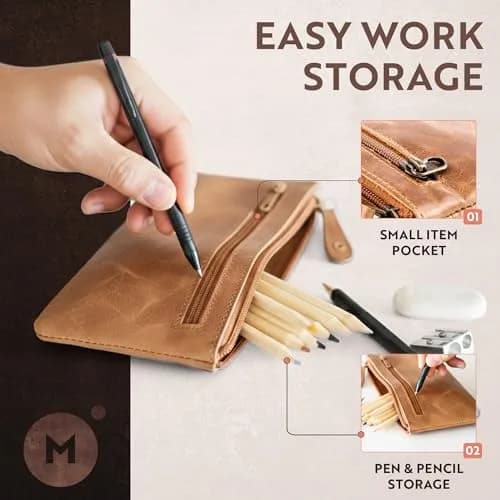 moonster Leather Pencil Case Pouch, Handcrafted 8" x 4" Light Brown | Elegant Leather Pen Organizer for Adults thumbnail 2