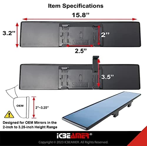 ICBEAMER 15.8" Flat Blue Tint Rear View Mirror | Wide-Angle HD Glass, Anti Glare, Universal Fit for Car, SUV, Truck thumbnail 5