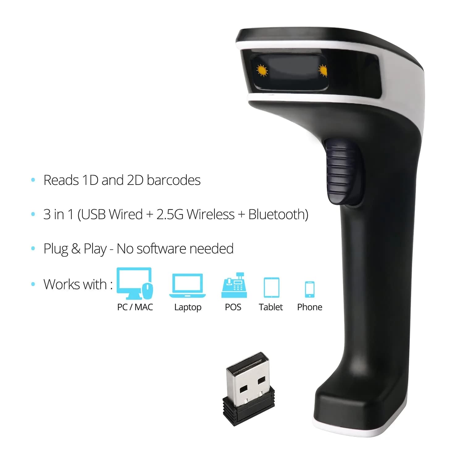 ScanAvenger Bluetooth Barcode Scanner | 1D & 2D QR Code Reader with Stand, 493ft Wireless Range, USB & 2.27 kg (5 lb) Battery - view 3