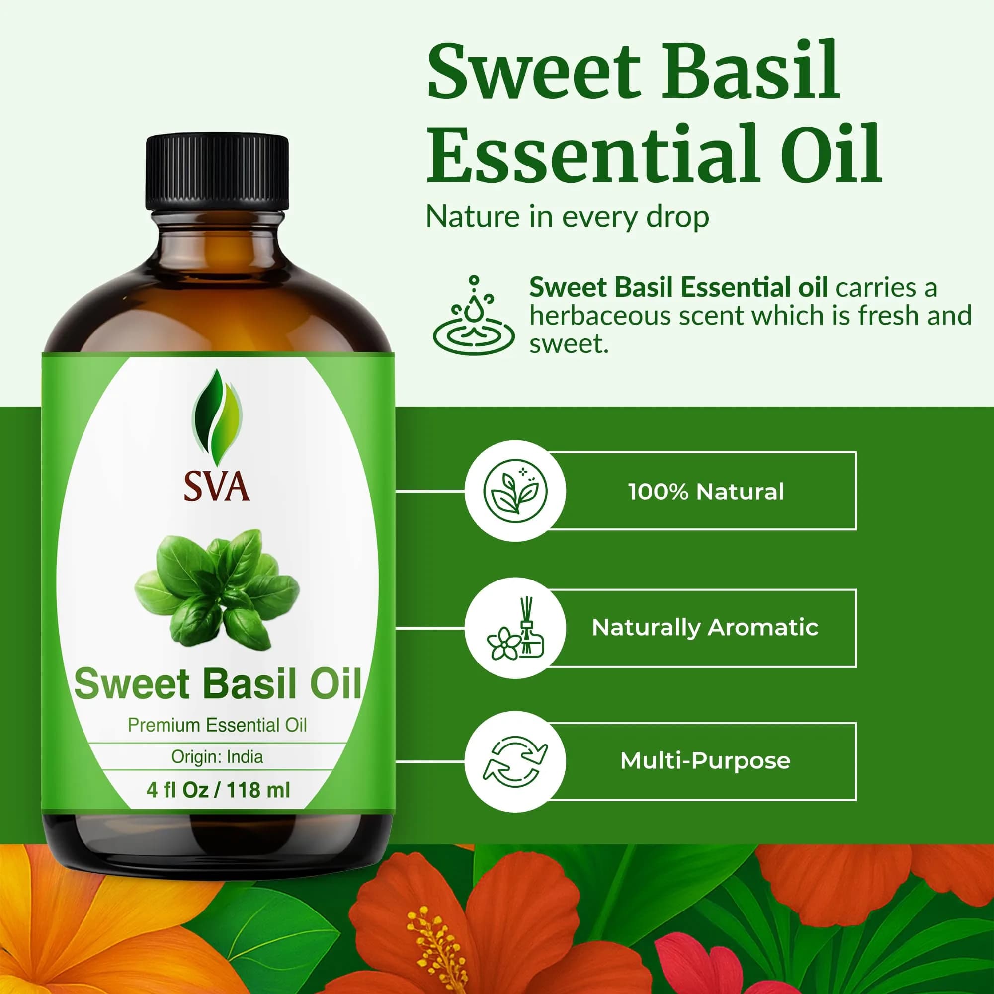 SVA ORGANICS Sweet Basil Essential Oil 4 Fl Oz (118 mL) - Pure & Natural Aroma Oil - view 2
