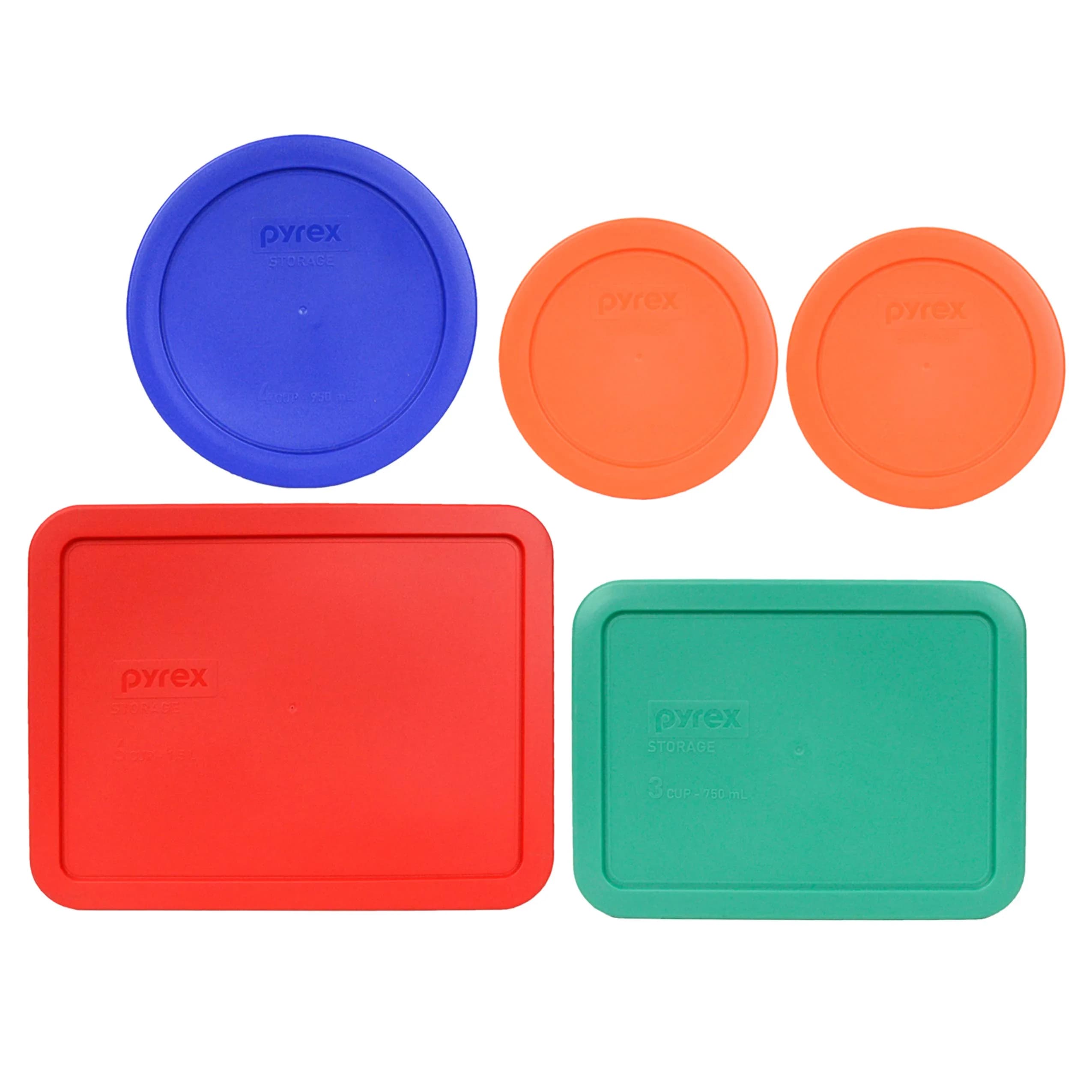 Pyrex 5-Pc Fresh Market Food Replacement Storage Lids | Made in USA, Microwave & Dishwasher Safe — Orange/Cadet Blue/Light Green/Red
