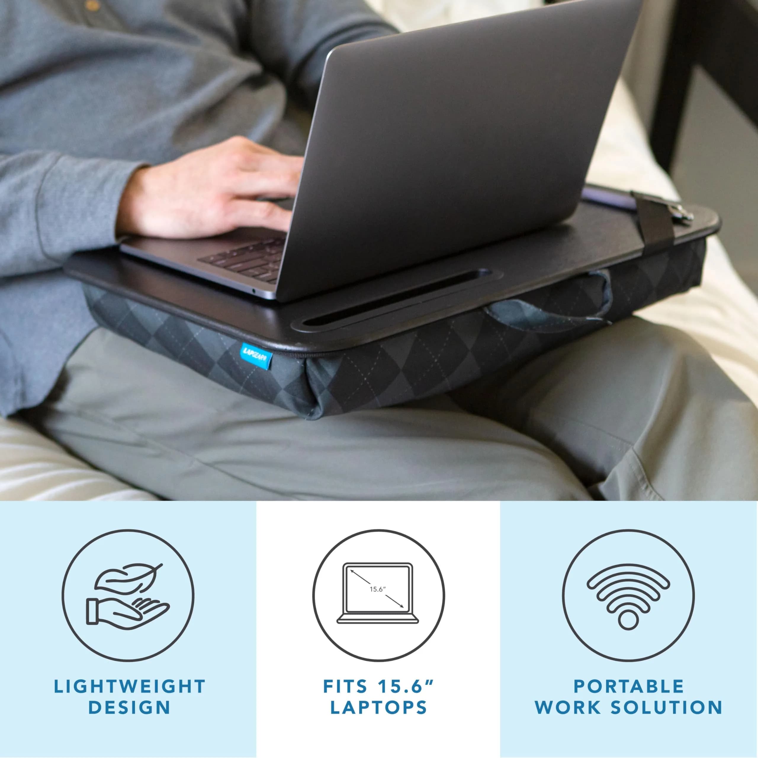 LapGear Designer Lap Desk – Gray Argyle, Fits 15.6” Laptops | Comfortable Cushion Base & Built-In Phone Slot - view 2