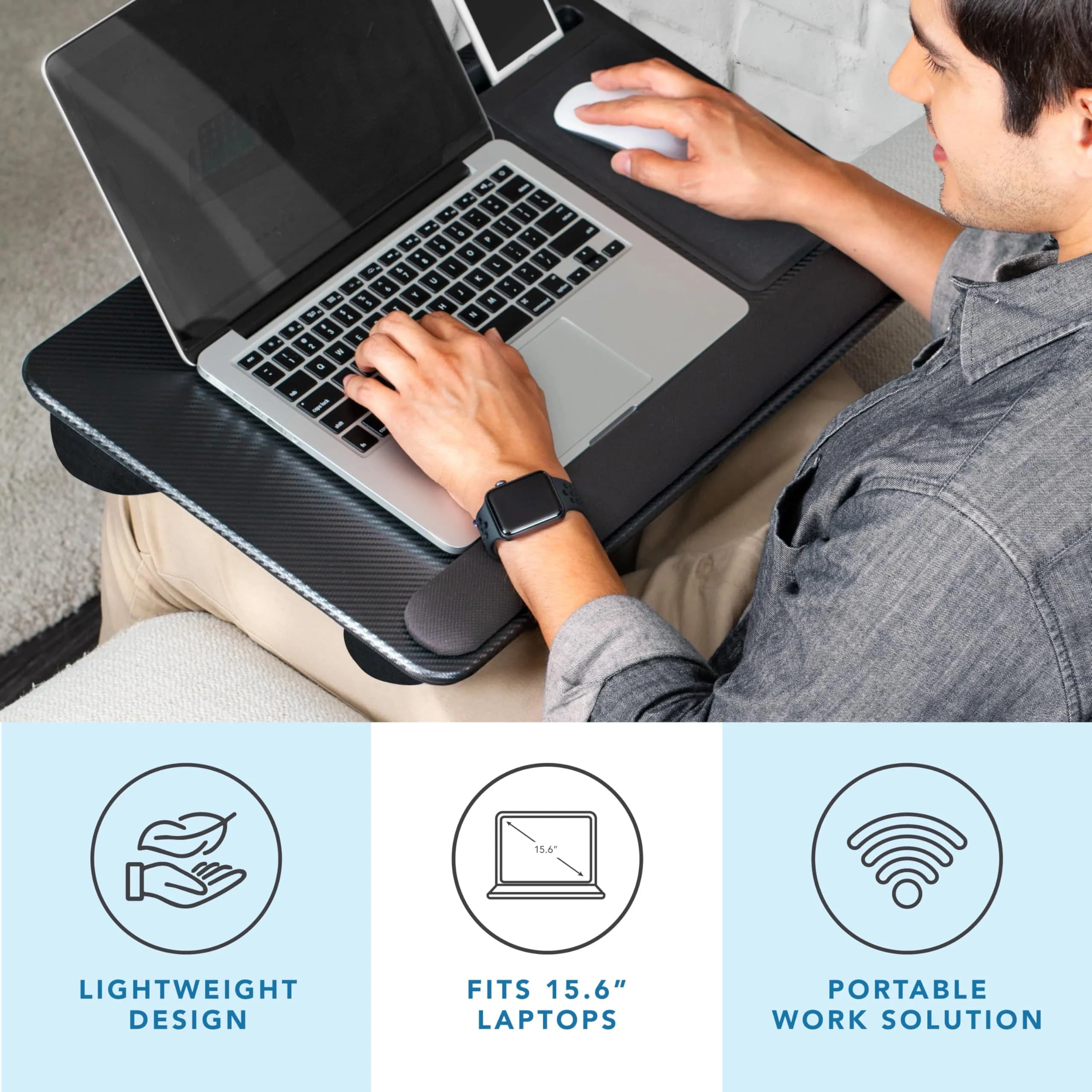 LapGear Home Office Pro Lap Desk - Black Carbon, Fits 15.6” Laptops | Ergonomic Design with Mouse Pad & Phone Slot - view 2