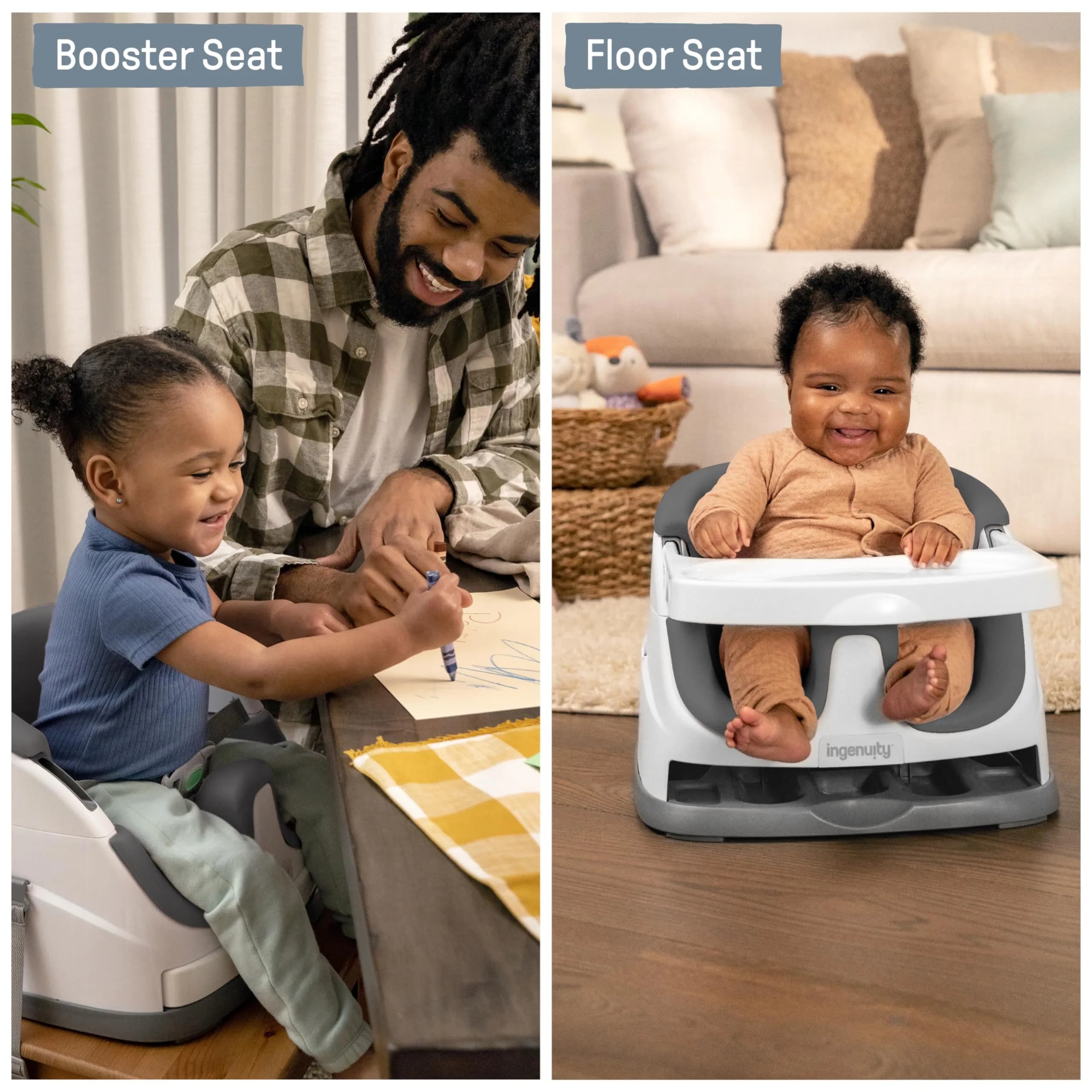 Ingenuity Baby Base 2-in-1 Booster Feeding and Floor Seat with Self-Storing Tray - Slate | 43.8cm x 38.7cm x 29.8cm - view 2