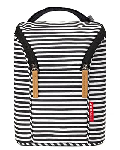 Skip Hop Insulated Double Baby Bottle Cooler Bag, Black & White Stripe 6.75" x 3.5" x 9" (17.1cm x 8.9cm x 22.9cm) | Keeps Bottles Warm or Cold for Hours thumbnail 1