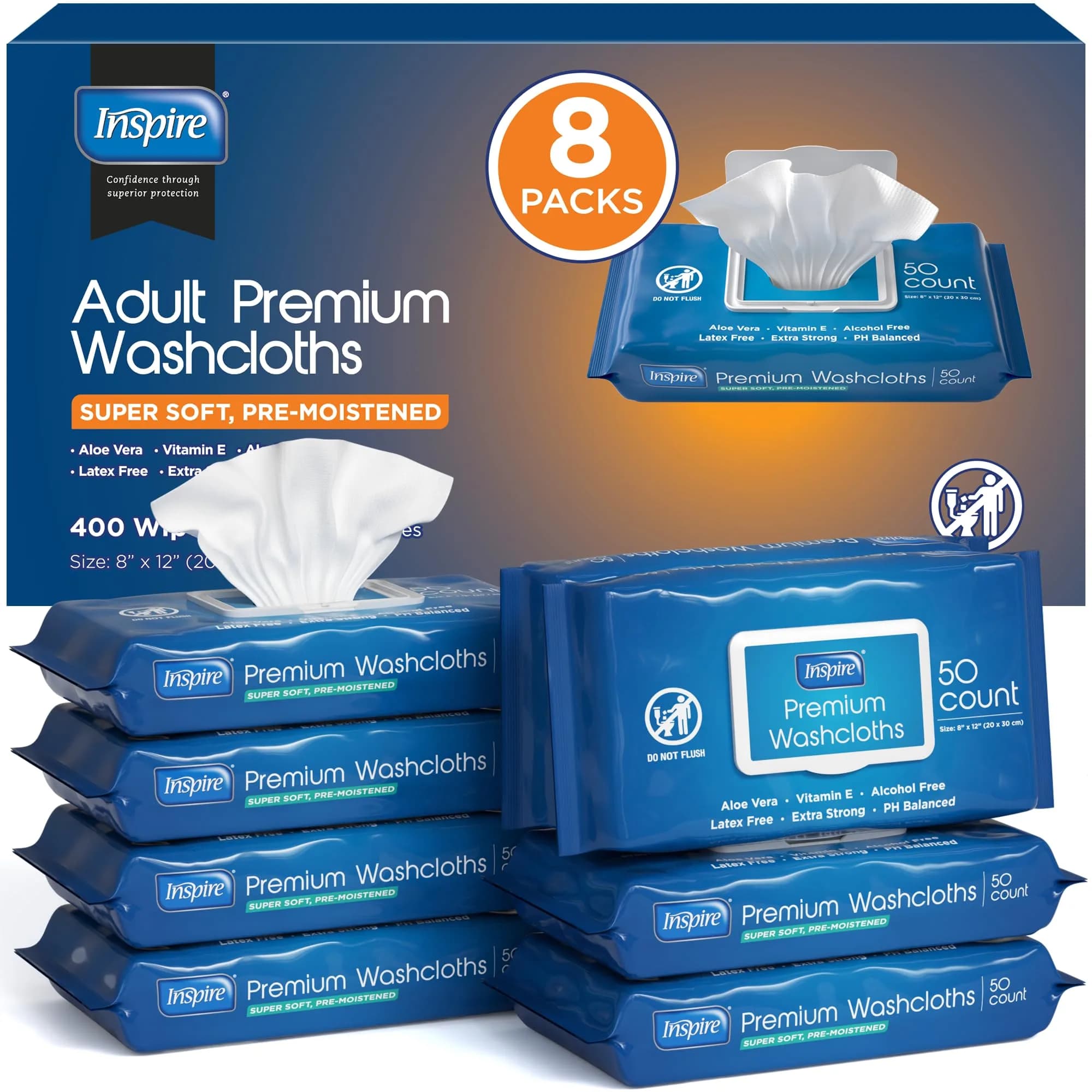 Inspire Adult Wet Wipes, Extra Large 8"x12" | Hypoallergenic Cleansing Cloths for Elderly & Caregivers — Wipes