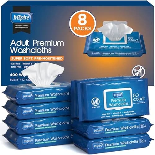 Inspire Adult Wet Wipes, Extra Large 8"x12" | Hypoallergenic Cleansing Cloths for Elderly & Caregivers thumbnail 1